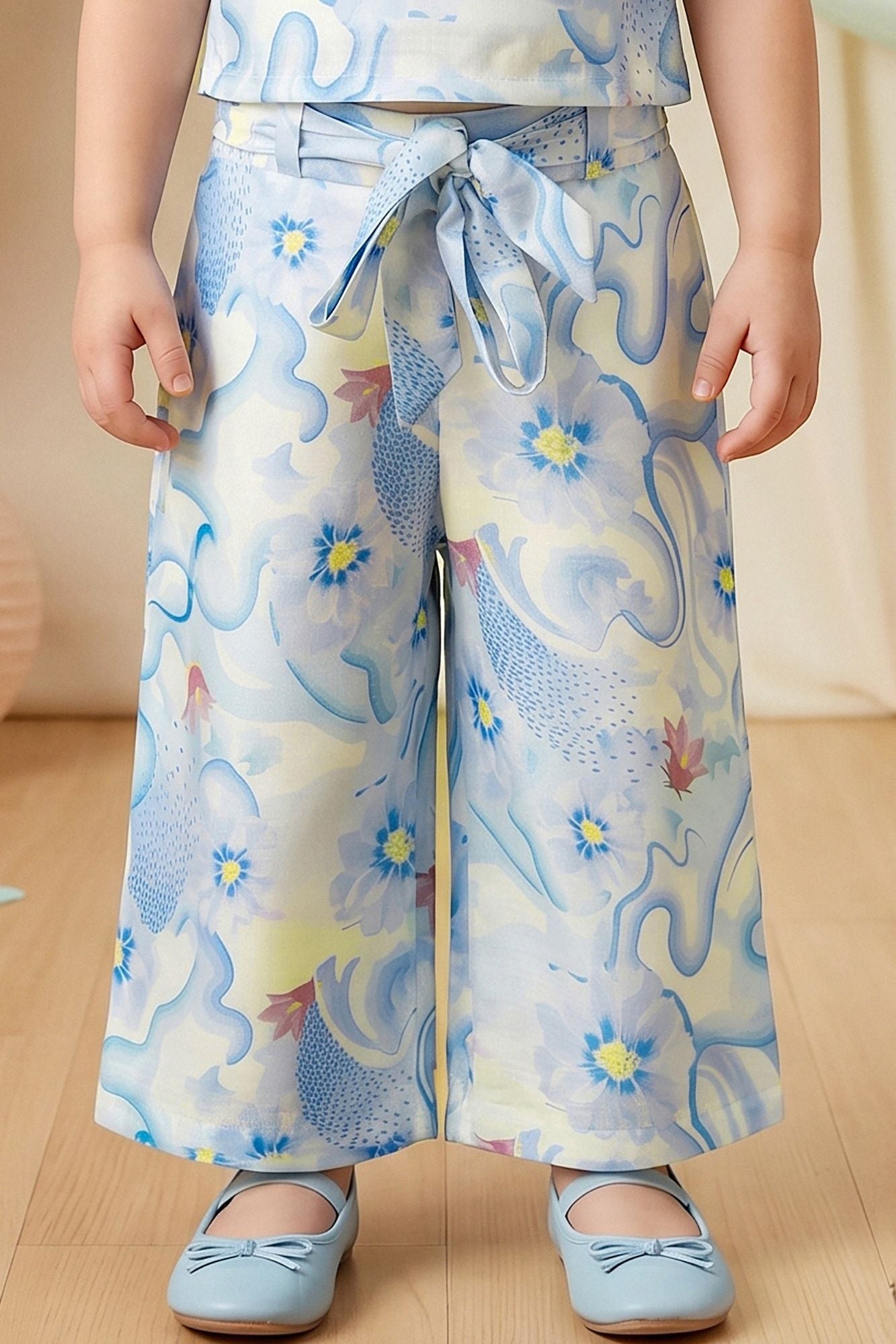 Girls Blue Floral Printed One-Shoulder Co-Ord Set with Wide-Leg Pants