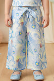 Girls Blue Floral Printed One-Shoulder Co-Ord Set with Wide-Leg Pants