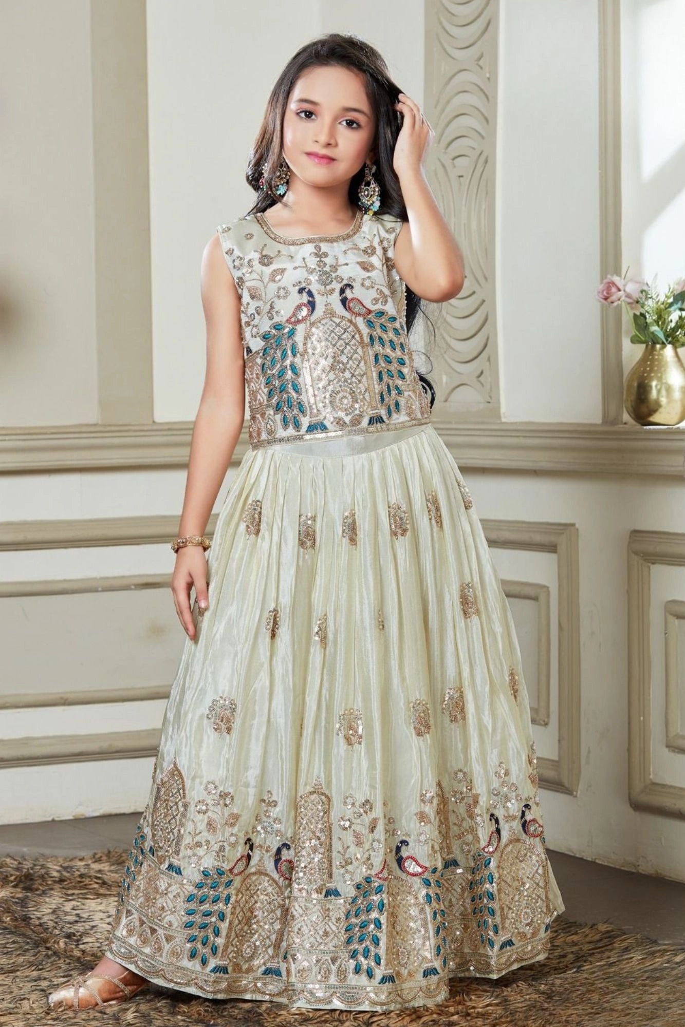 Off-White Lehenga Choli with Peacock Embroidery For Girls