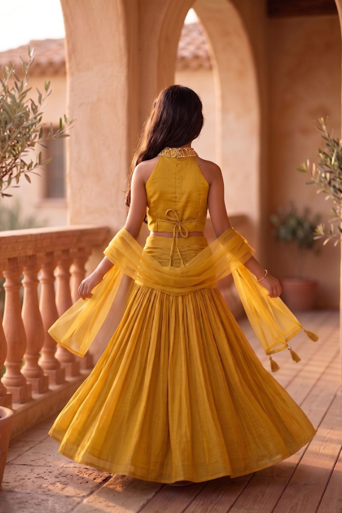 Girls Mustard Yellow  Embroidered Halter Neck Choli Set with Dupatta
