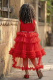 Red Ruffle Layered High-Low Party Frock For Girls