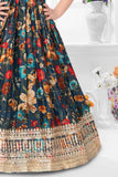 Elegant Navy Blue Floral Printed Gown For Girls - Lagorii Kids