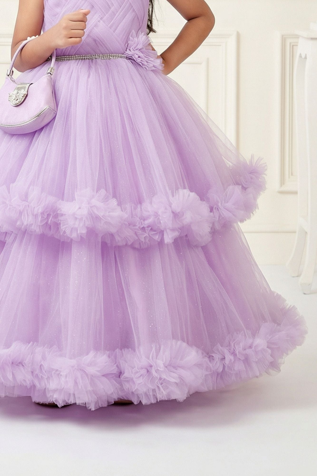 Lavender Layered Net Party Gown with Floral Ruffle Hem For Girls 4-5Y (22)