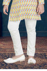 Golden Asymmetric Printed Kurta And White Bottom Set For Boys