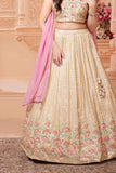 Beige And Pastel Multicolor Embroidered Lehenga Choli Set For Girls