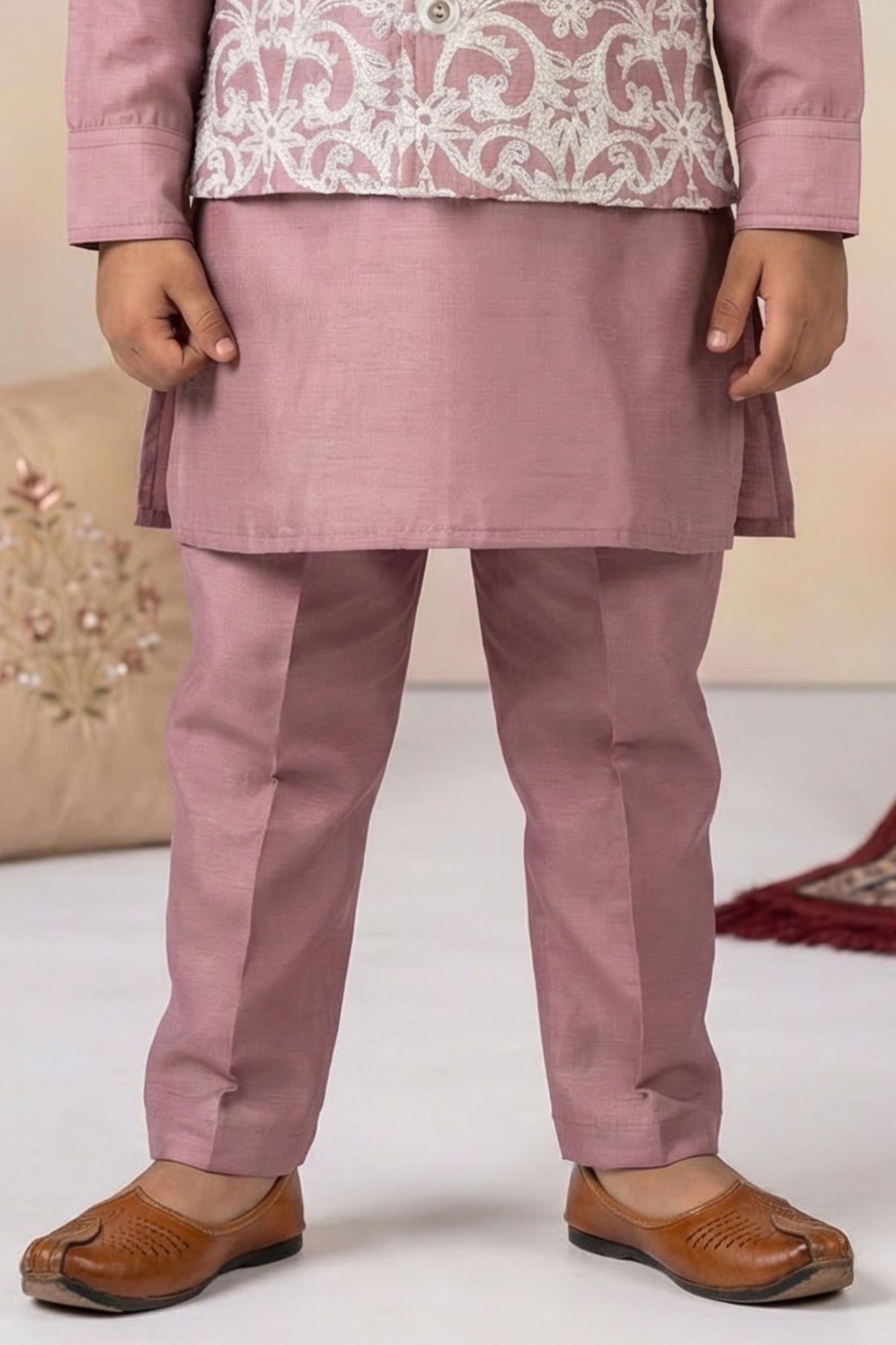 Onion Pink Kurta Pyjama Set With Embroidered Nehru Jacket For Boys