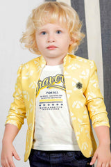 White Printed T shirt And Black Pant With Yellow Overcoat For Boys