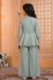 Mint Green Embroidered Peplum Palazzo Set With Sheer Jacket For Girls