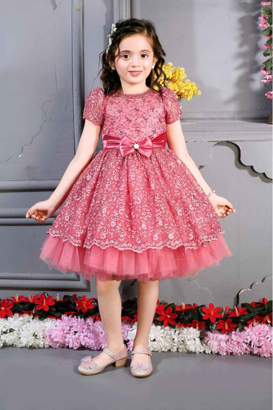 Peach Embroidered Frock With Bow Embellished For Girls