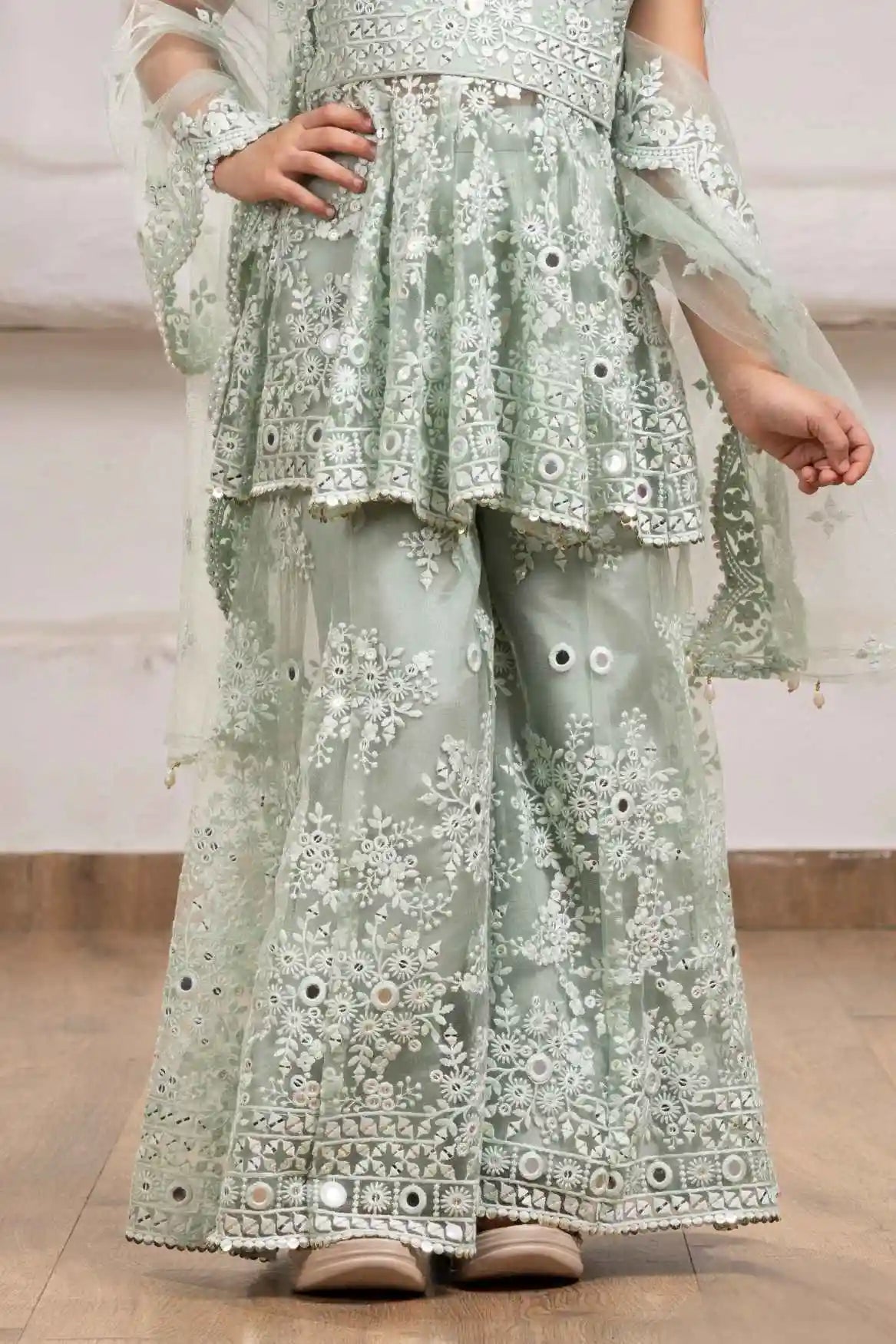 Elegant Green Floral Embroidered And Mirror Work Palazzo Set for Girls