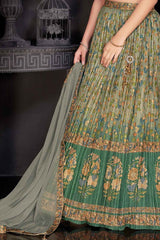 Olive Green Lehenga Choli Set With Printed And Sequin Work For Girls