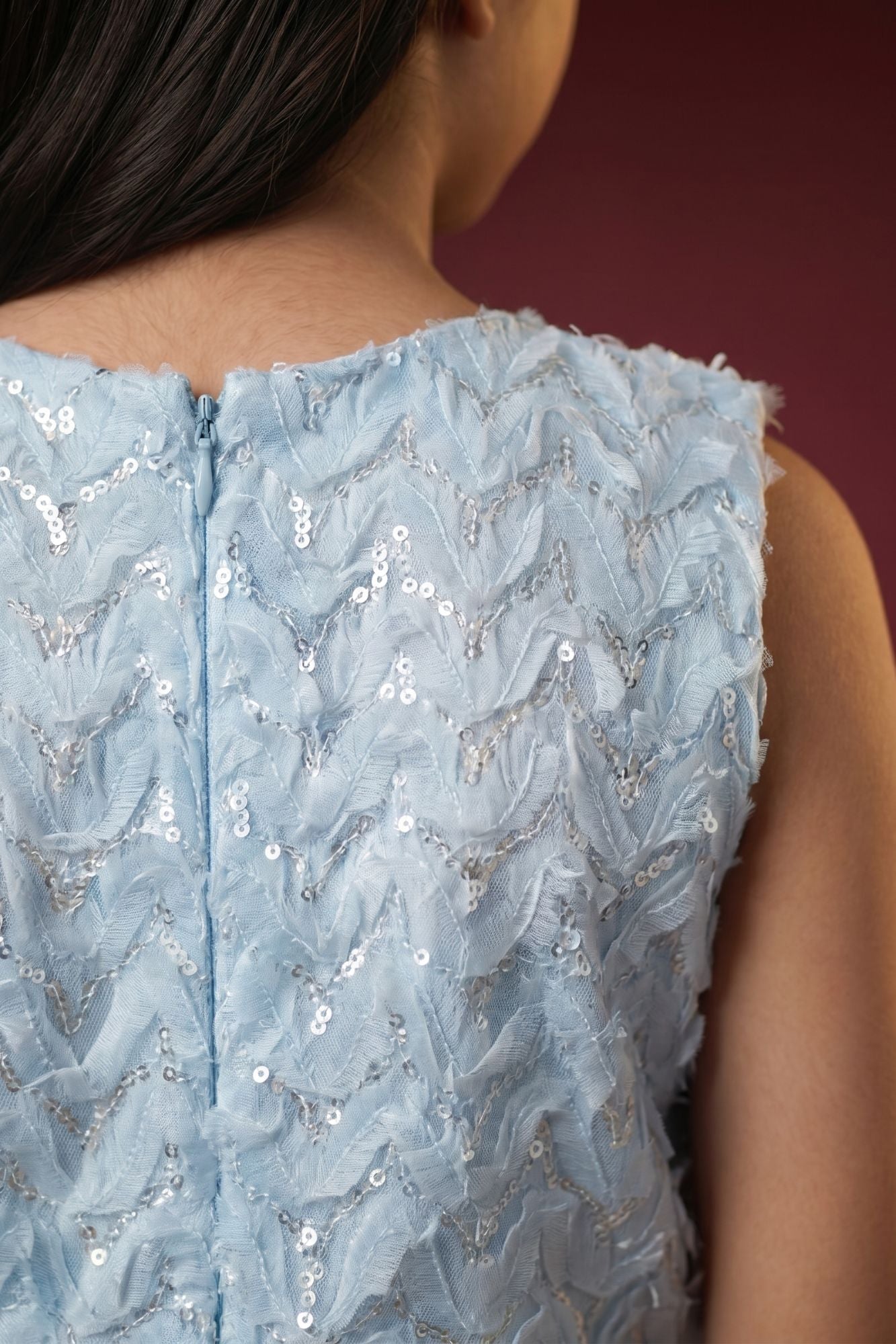 Girls Sky Blue Sequins Embellished Mermaid Gown with Textured Lace Detailing