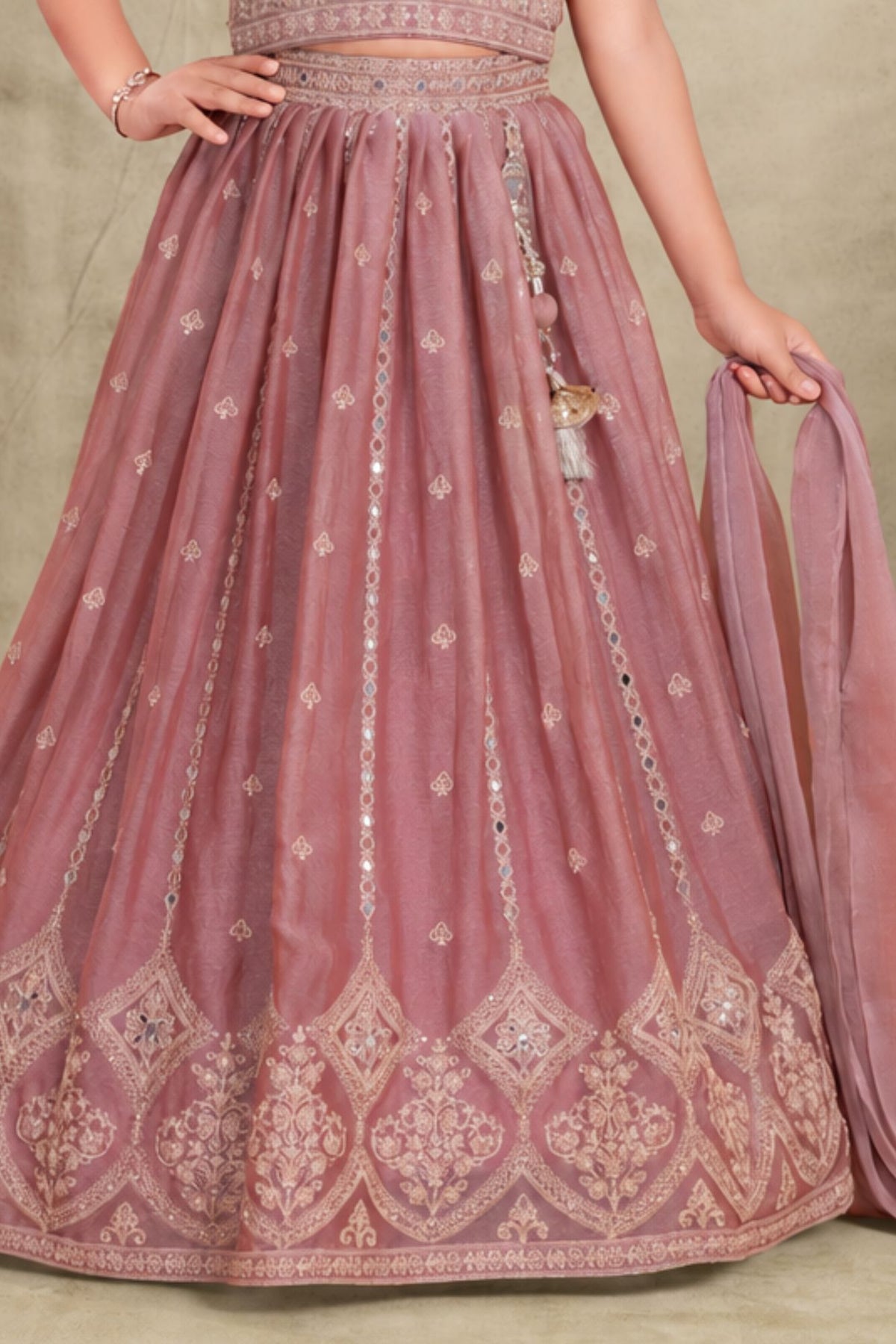 Girls Heavy Embroidered Dusty Pink Lehenga Choli Set With Dupatta