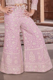 Blush Pink Thread Embroidered Palazzo Set with Crop Top and Matching Jacket for Girls