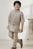 Fawn Embroidered Kurta Pajama Set with Ethnic Jacket for Boys