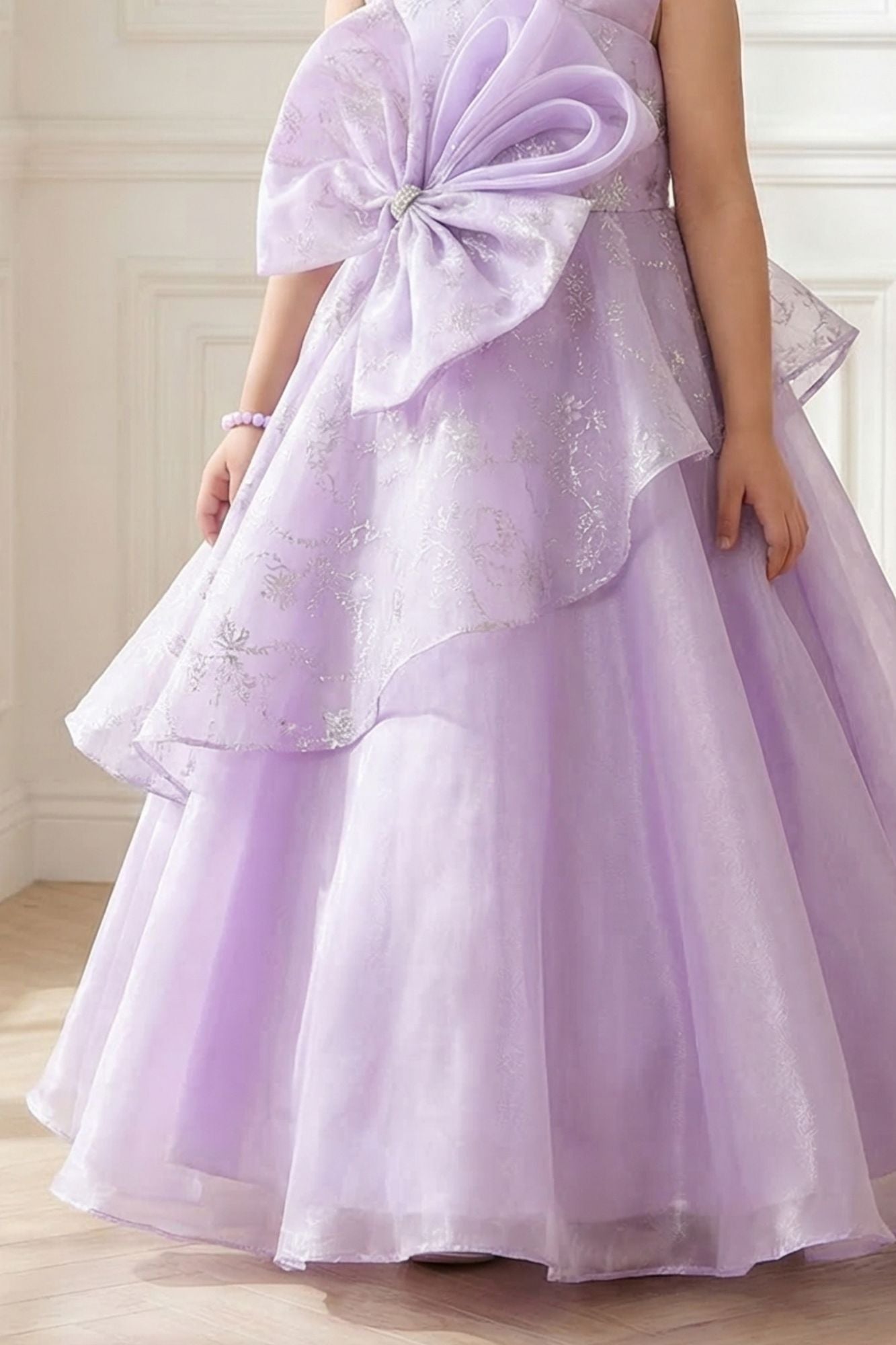 Girls Lavender Layered Party Wear Gown with Statement Bow