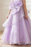Girls Lavender Layered Party Wear Gown with Statement Bow