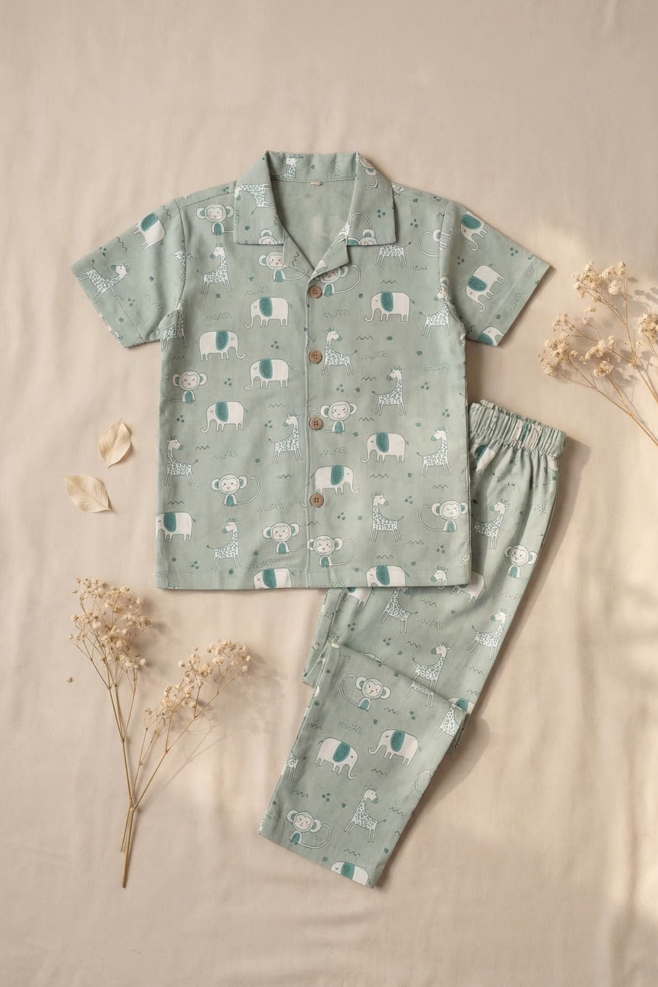 Green Animal Print Cotton Night Suit Set For Boys