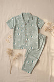 Green Animal Print Cotton Night Suit Set For Boys