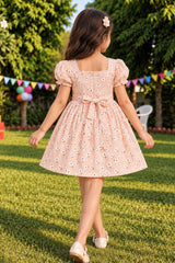 Girls Peach Floral Printed Puff Sleeve Fit And Flare Dress