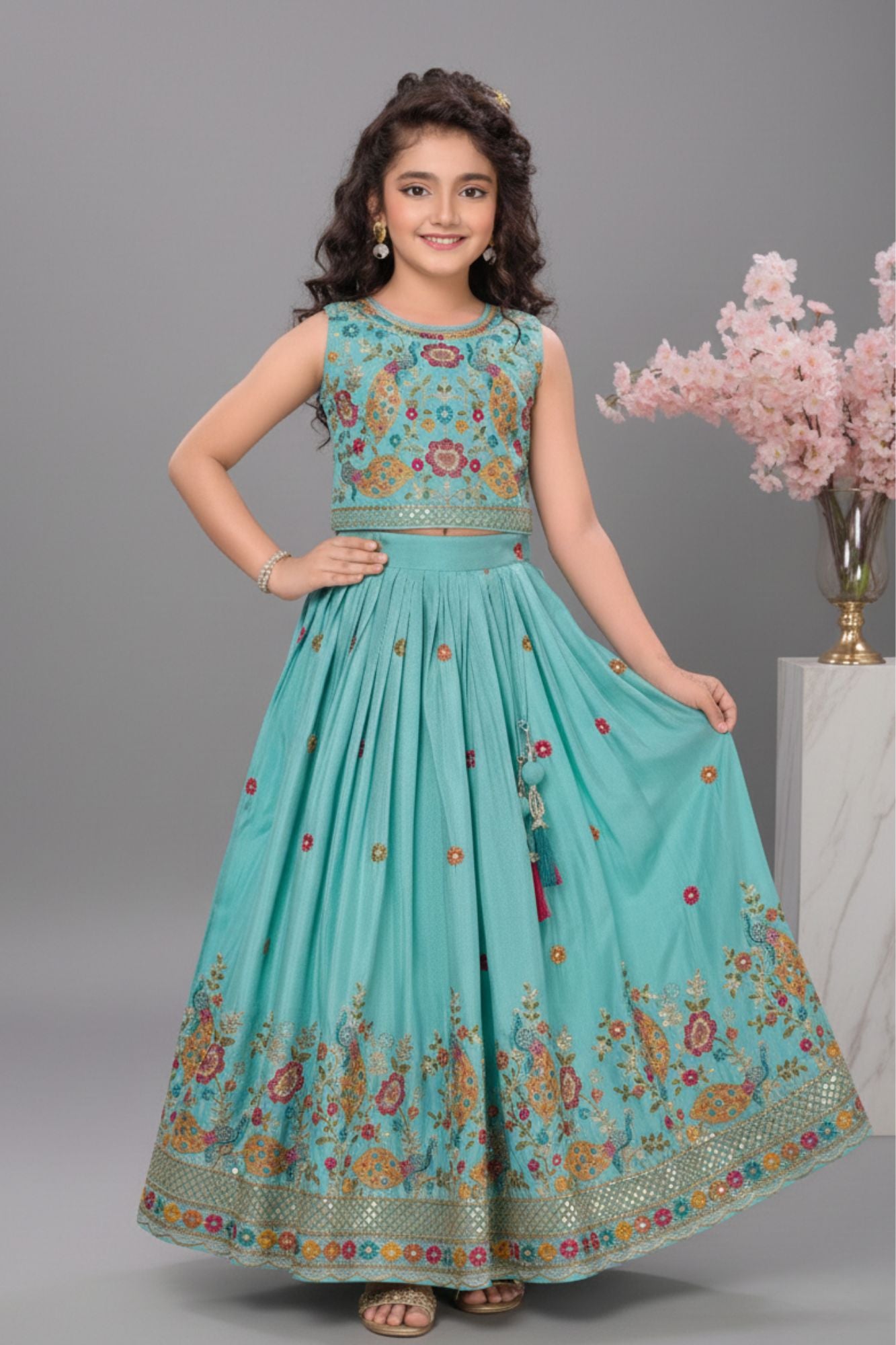 Aqua Blue Multicolor Embroidered Lehenga Choli Set For Girls