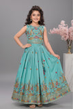 Aqua Blue Multicolor Embroidered Lehenga Choli Set For Girls