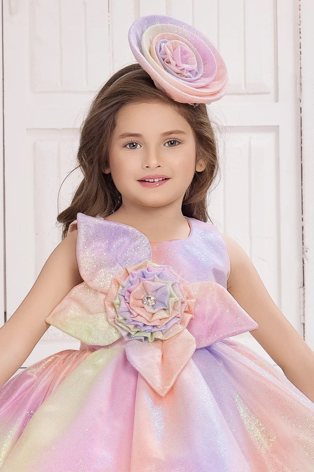 Pastel Rainbow Party Wear Frock With Floral Embellishment For Girls