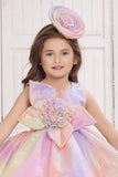 Pastel Rainbow Party Wear Frock With Floral Embellishment For Girls