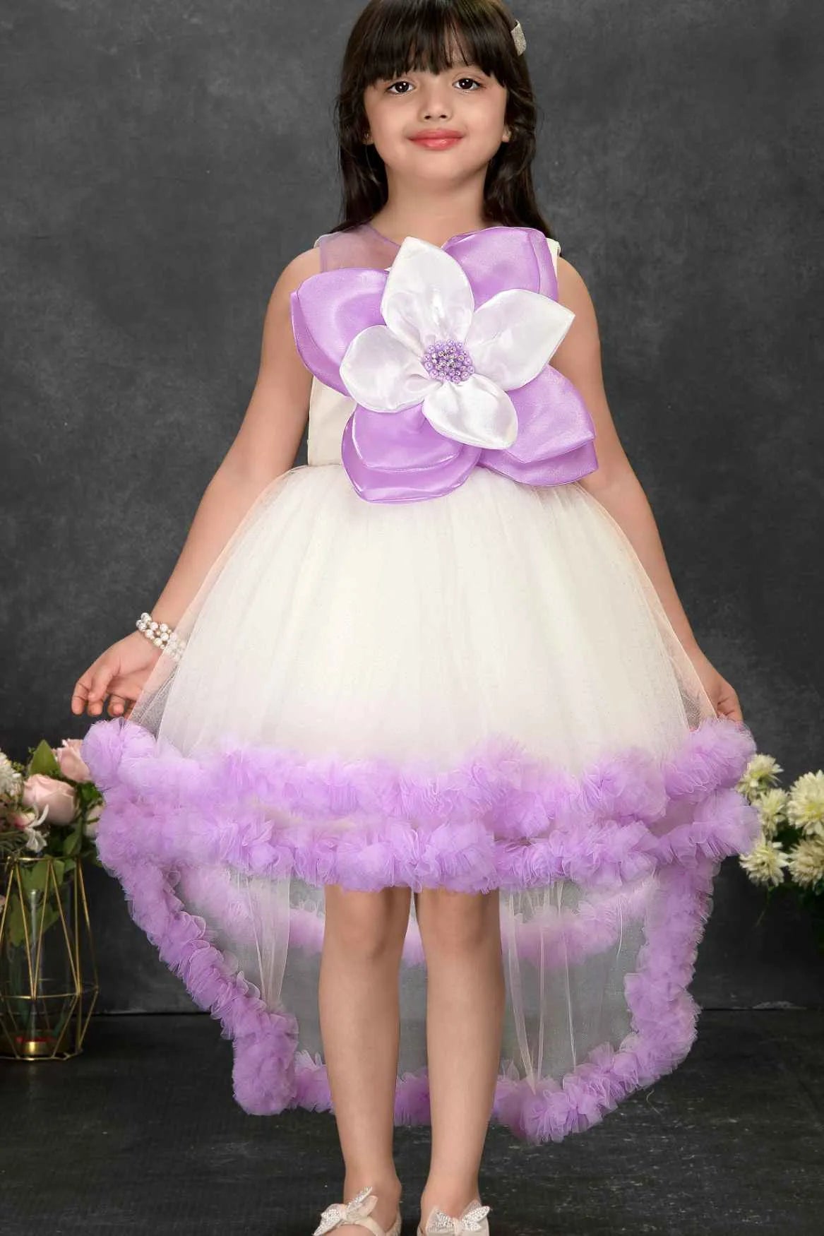 Off-White and Lavender High-Low Party Frock with 3D Flower Appliqué For Girls