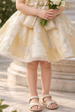 Girls Ivory And Gold Organza Party Frock with Statement Bow