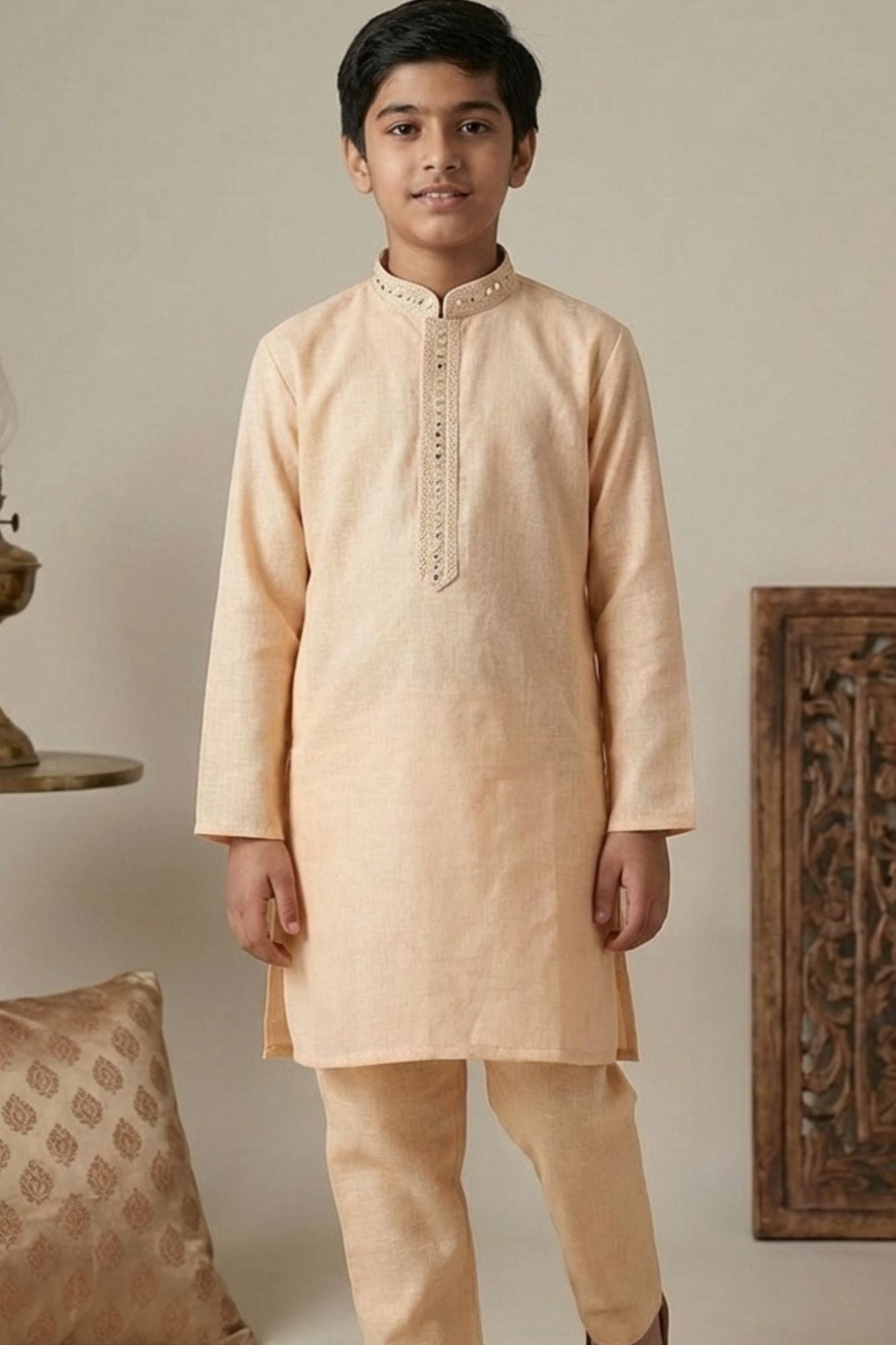Peach Embroidered Linen Kurta Set For Boys