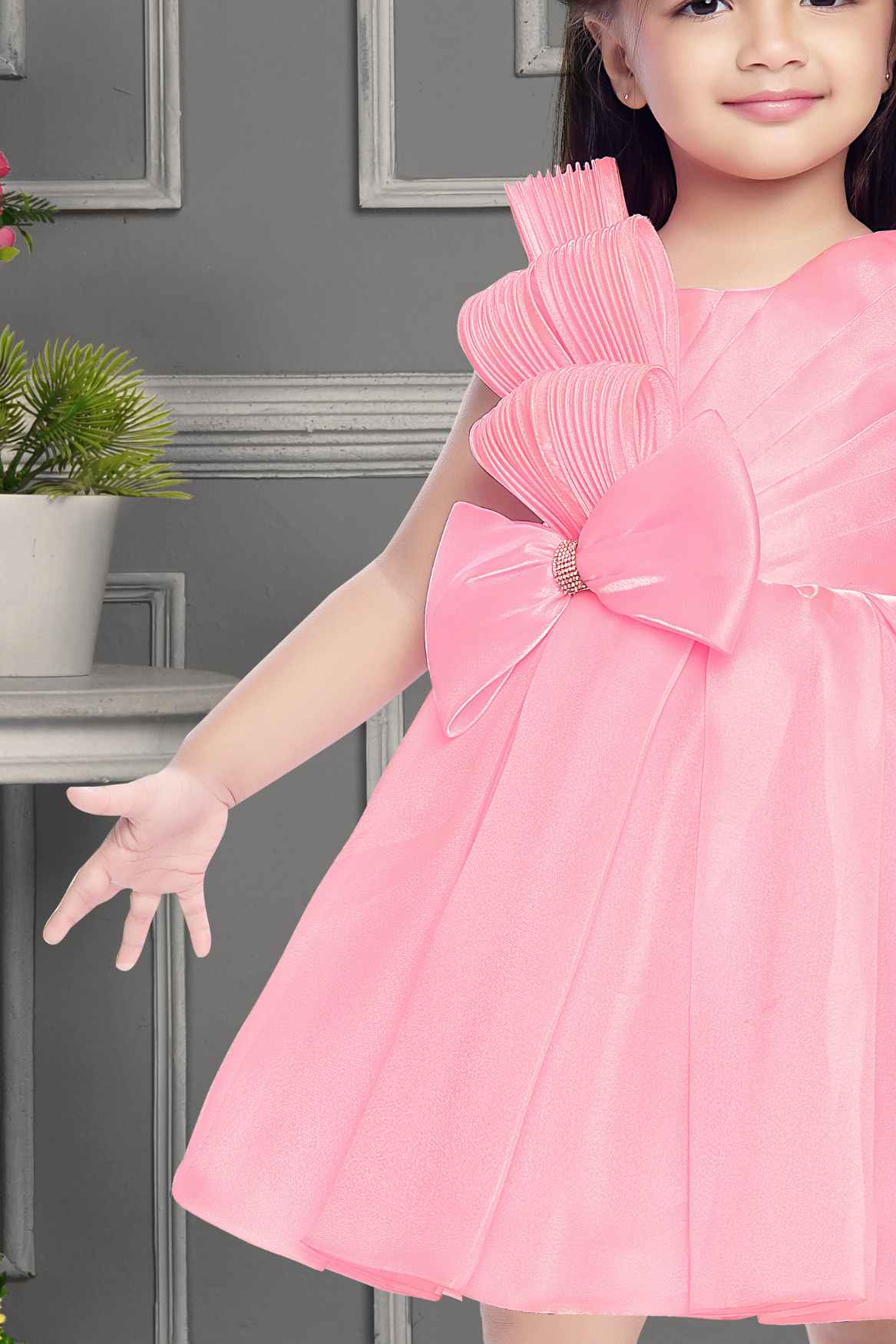 Pink Frock With Bow Embellished For Girls