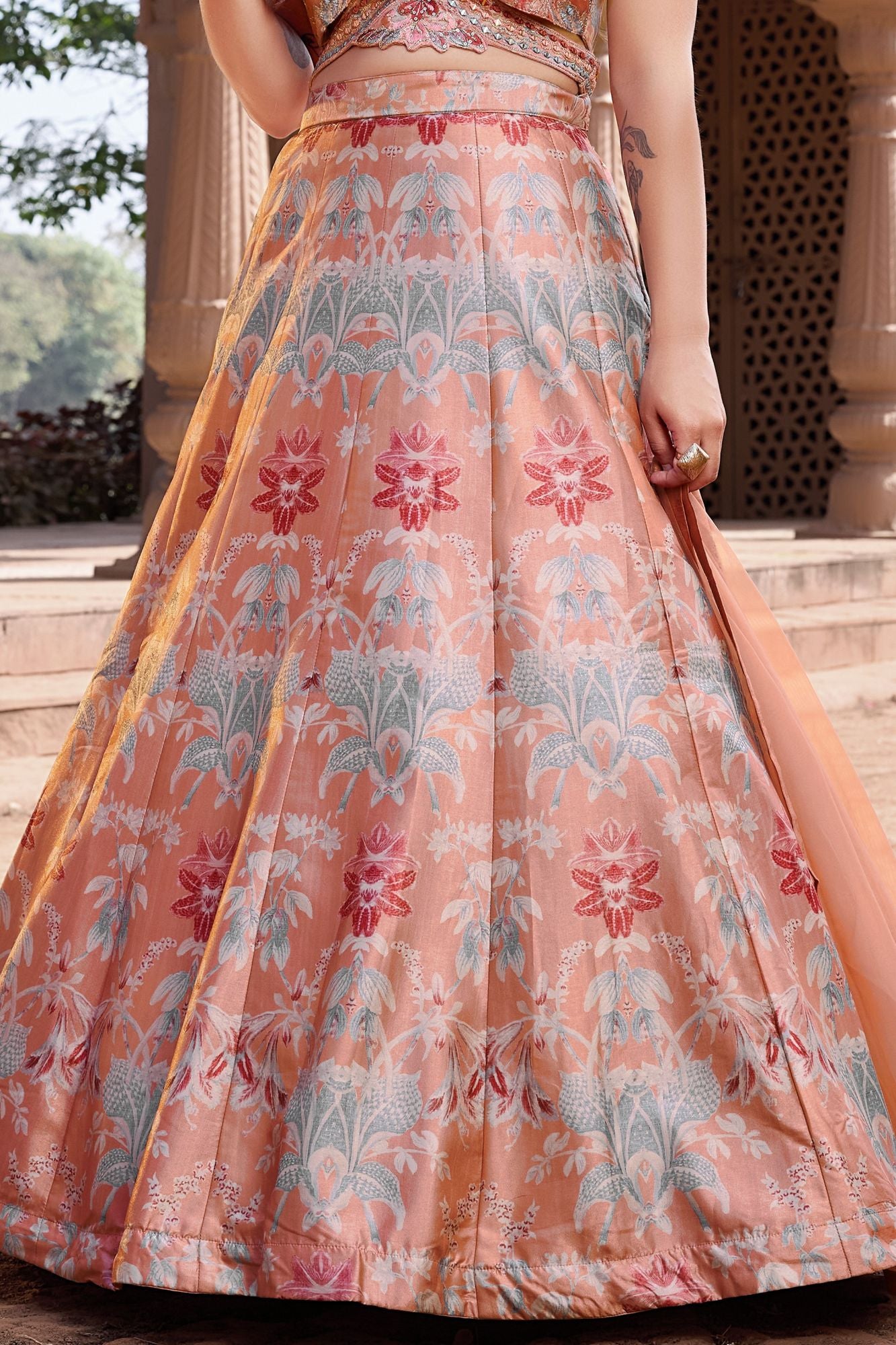 Peach Floral Printed Lehenga Choli With Dupatta For Girls
