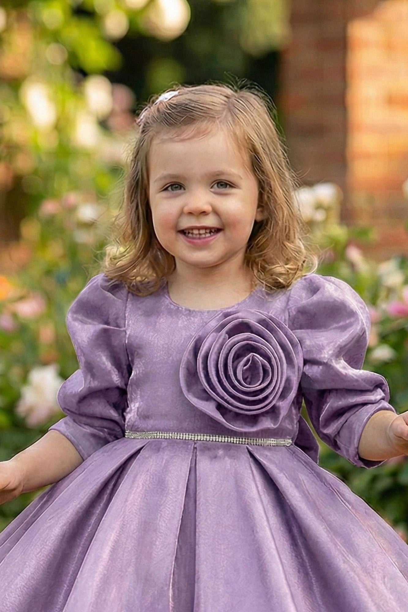 Lavender Party Wear Frock with Puffy Sleeves & Statement Rose Appliqué For Girls