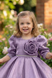 Lavender Party Wear Frock with Puffy Sleeves & Statement Rose Appliqué For Girls