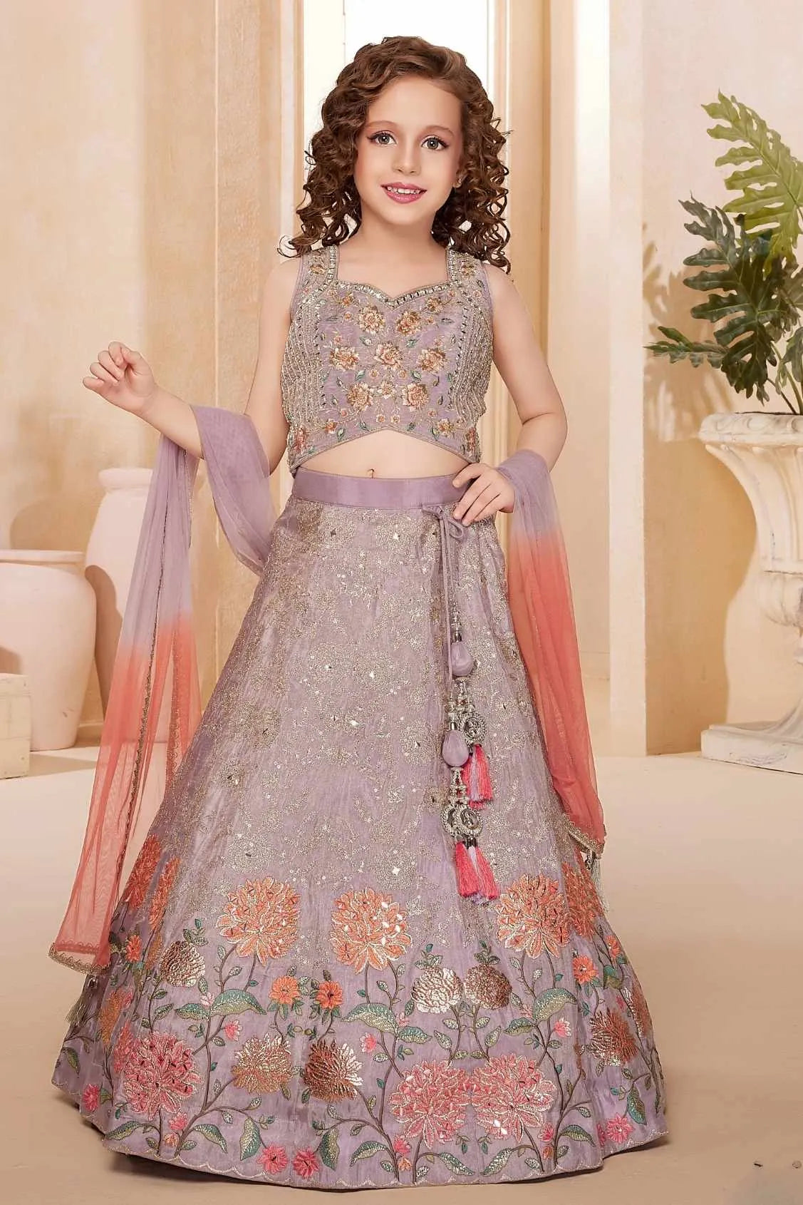 Lavender Floral Embroidered Lehenga Choli Set for Girls