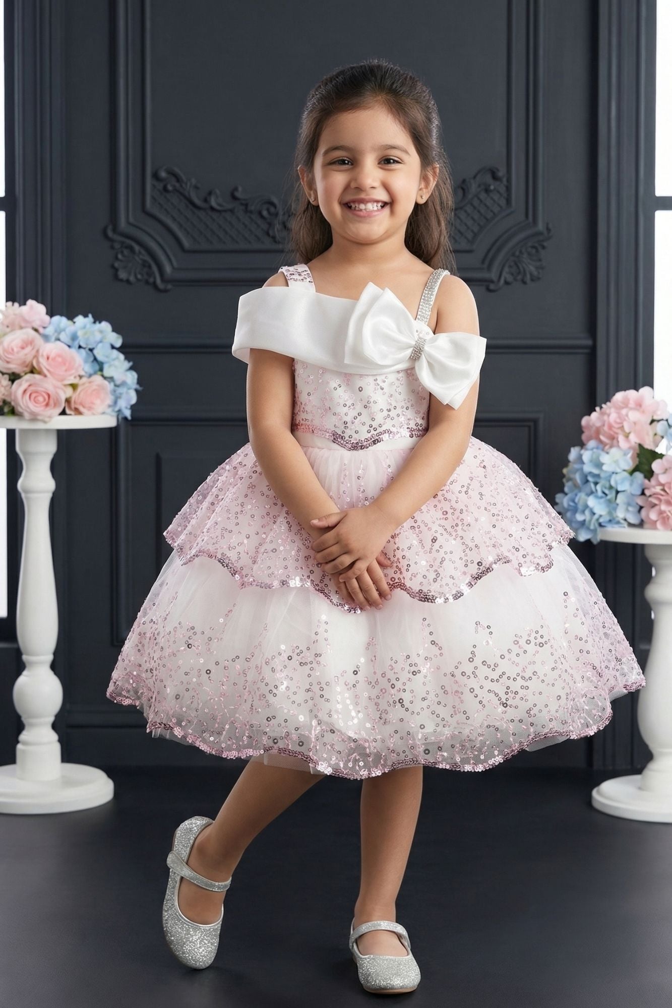 Pink Sequin Layered Ruffle Party Wear Frock With Statement Bow For Girls