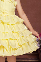 Lemon Yellow One Shoulder Sleeve And Floral Embellished Frock For Girls