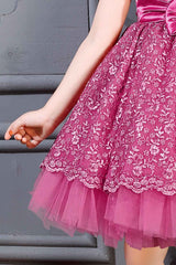 Wine Embroidered Frock With Bow Embellished For Girls