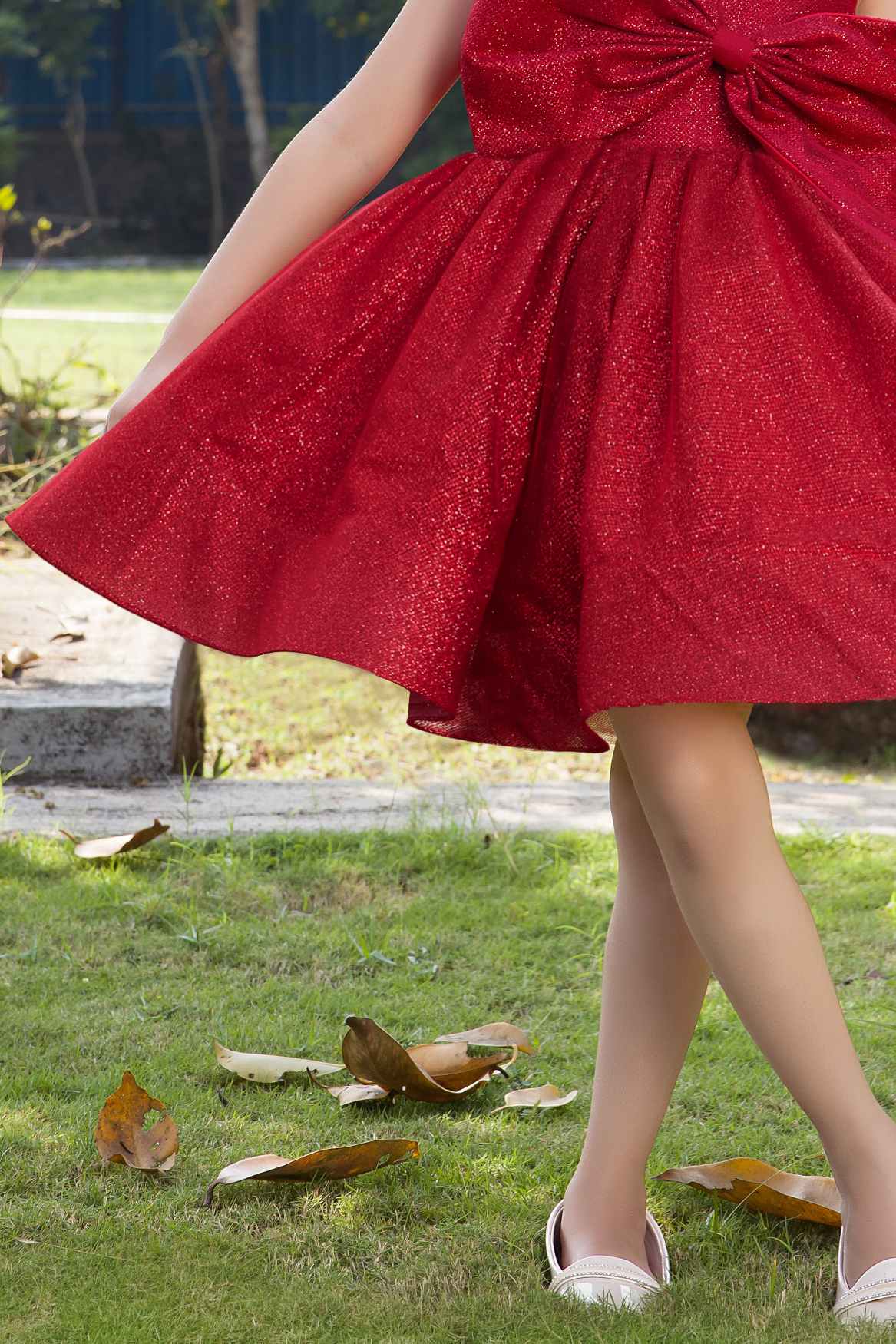 Red Party Wear Frock With Bow Embellished For Girls