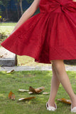 Red Party Wear Frock With Bow Embellished For Girls