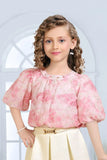 Pink Floral Top with Pleated Cream Skirt & Belt Detail For Girls