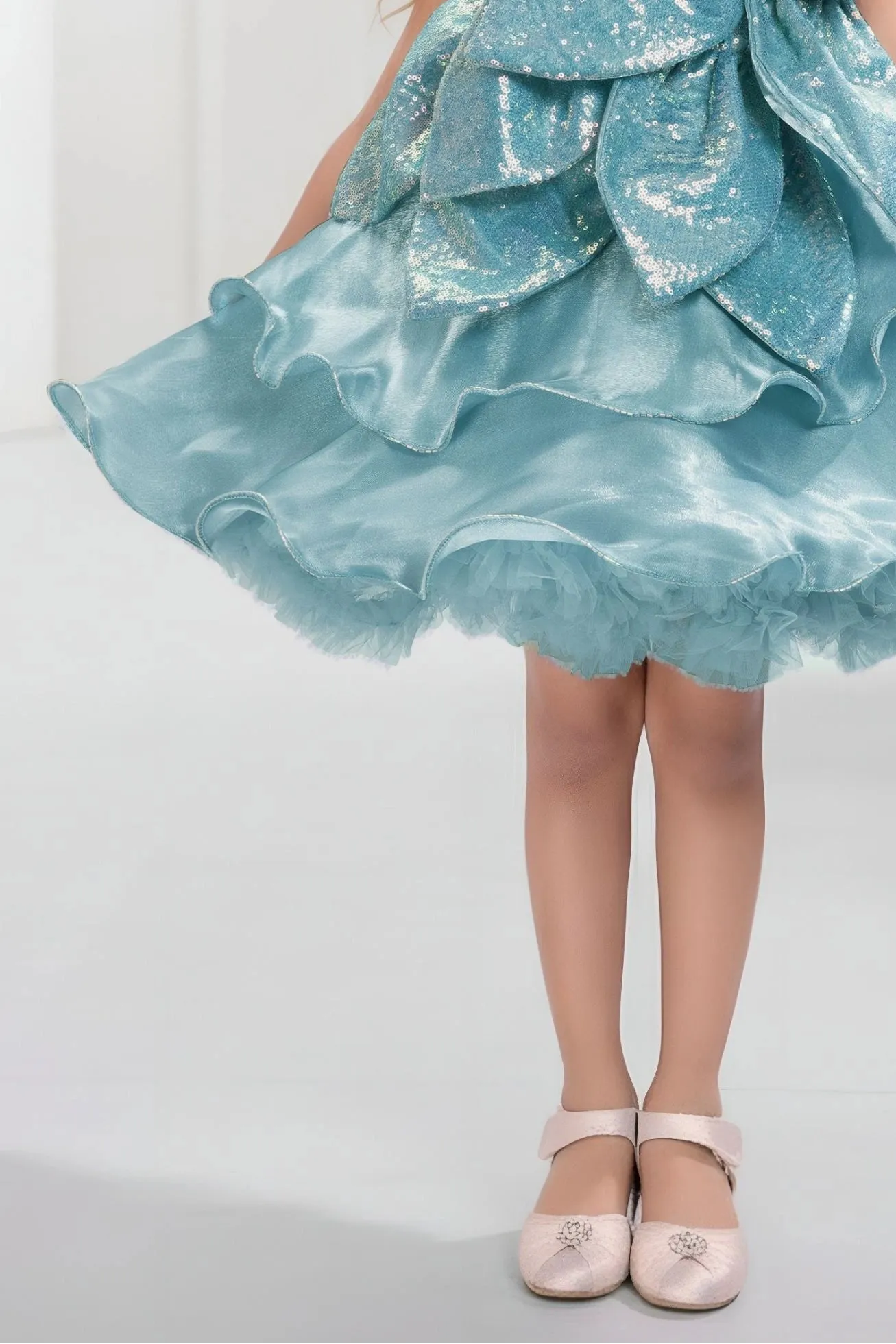 Sky Blue Embellished Glitter Bow Party Dress for Girls