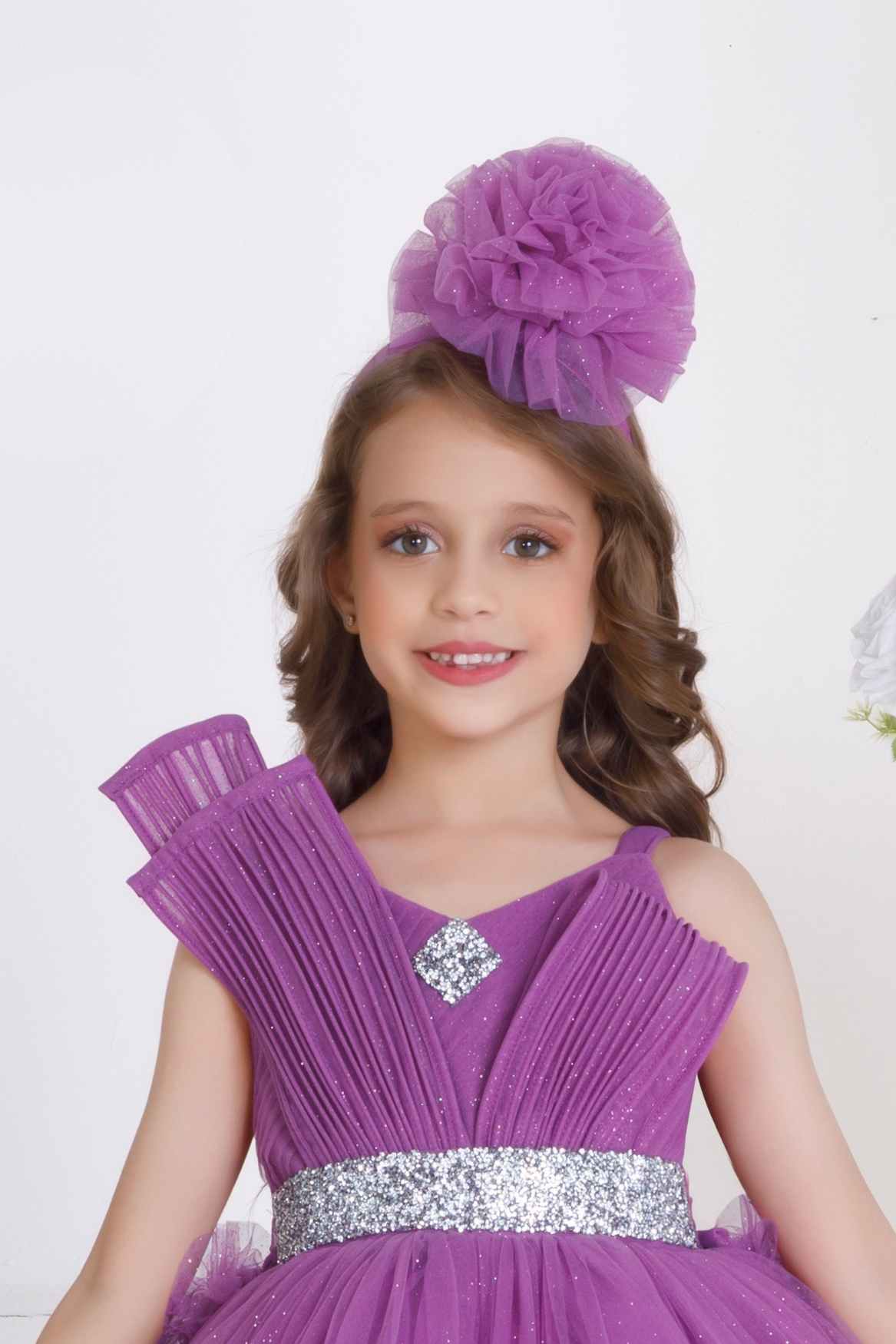 Purple Ruffle Party Frock With Bow Embellishment For Girls