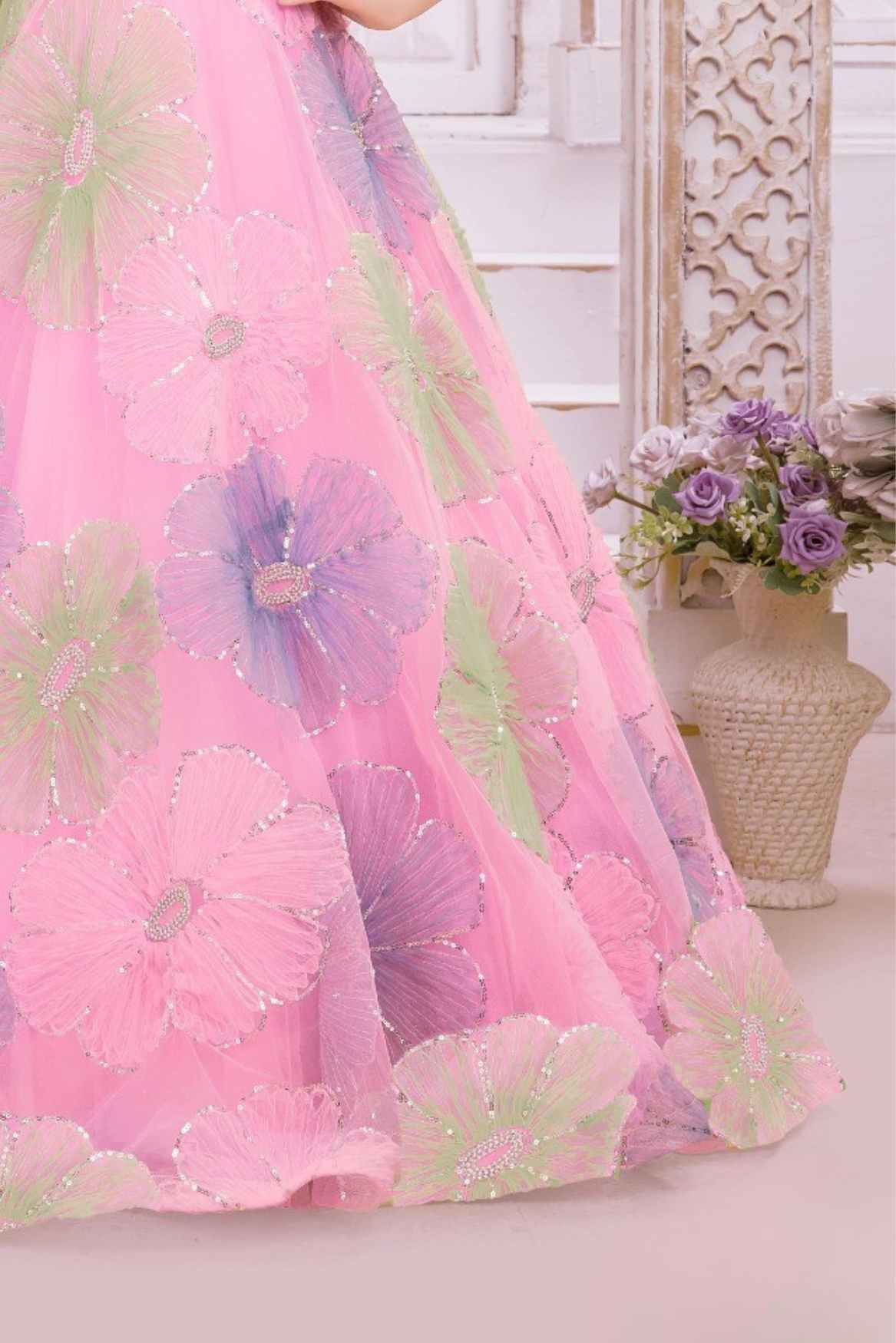 Designer Pink Sequins Work And Floral Embellished Party Wear Gown For Girls