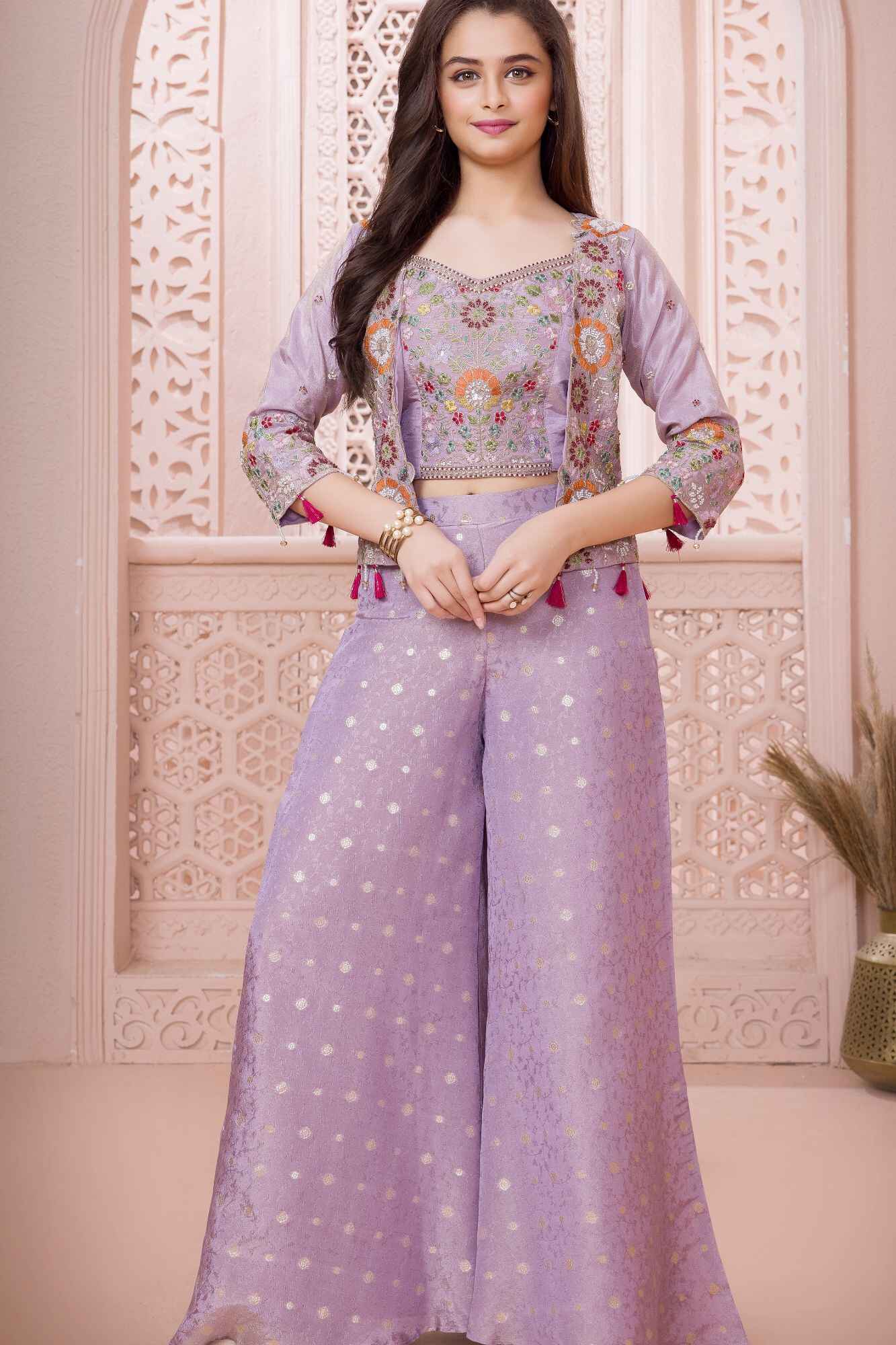 Designer Purple Embroidered Palazzo Set with Jacket For Girls