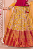 Maroon Peplum Top & Yellow Woven Pattu Pavadai Set with Dupatta For Girls