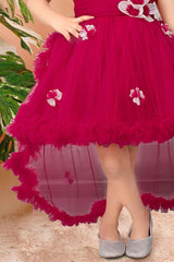 Charming Rani Pink Ruffle Tailback Frock with Floral Embellishments For Girls
