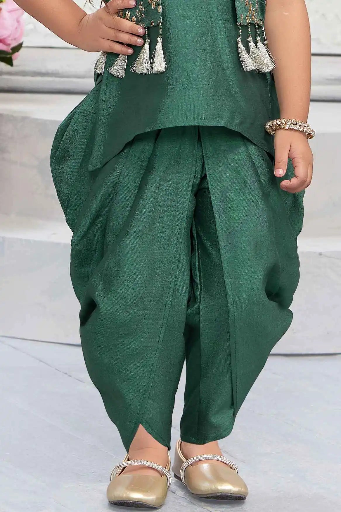 Green Dhoti Set With Embroidered Kurti And Jacket For Girls