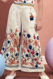 Girls Elegant White Embroidered Top And Pants Co-Ord Set With Multicolor Floral Detailing